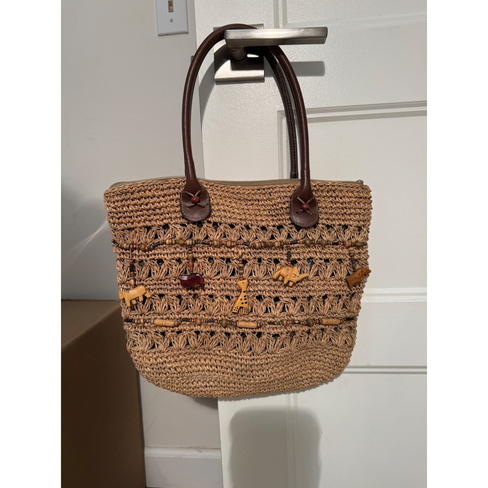 Cappelli Straworld Woven Straw Animal Charm Tote Bag Leopard Lining Tan Brown